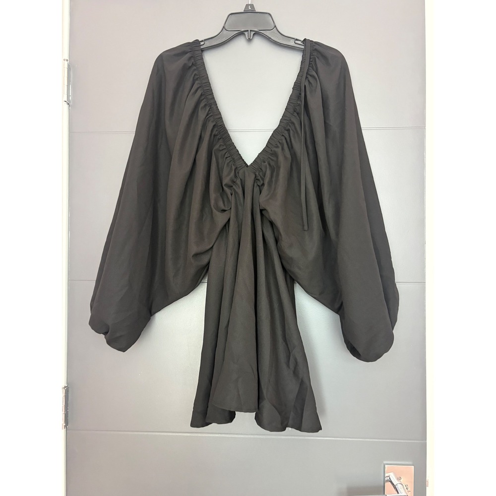 MAKEMECHIC Womens Black Deep V-Neck Ruched Balloon Sleeve dress  Size‎ M NWT